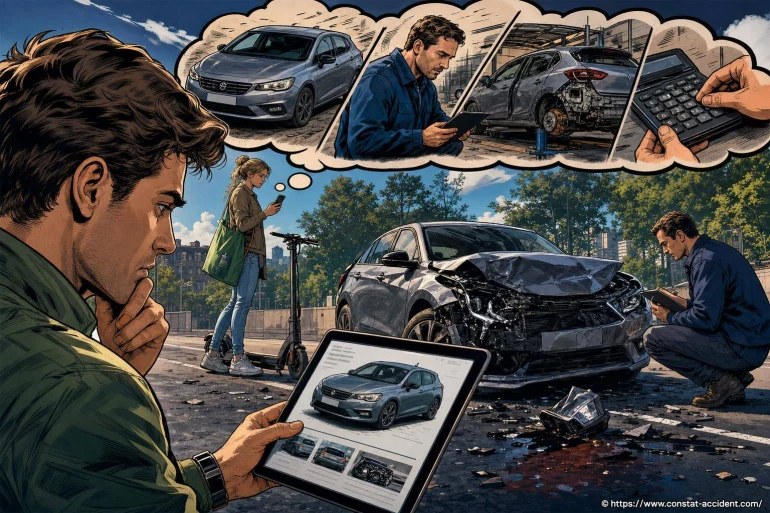 Homme évaluant un accident de voiture
