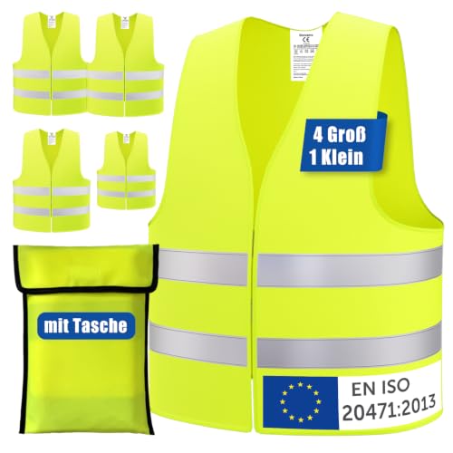 4+1 Pièces Gilet Jaune Adulte Enfant ISO 20471:2013 Gilet Ja